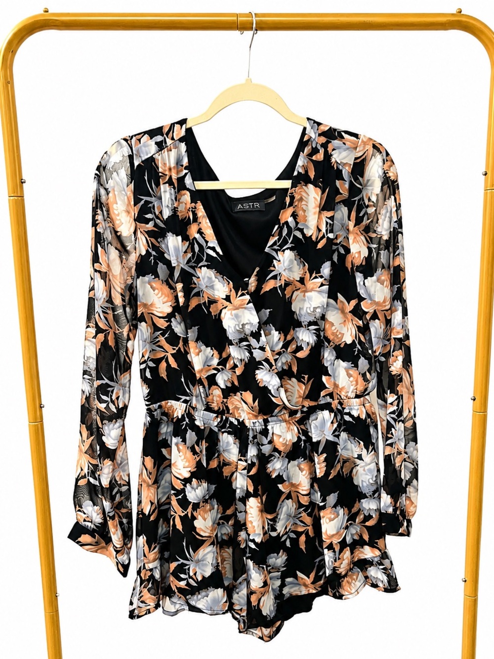 ASTR Black Floral Wrap-Front Romper with Peach & Gray Blooms